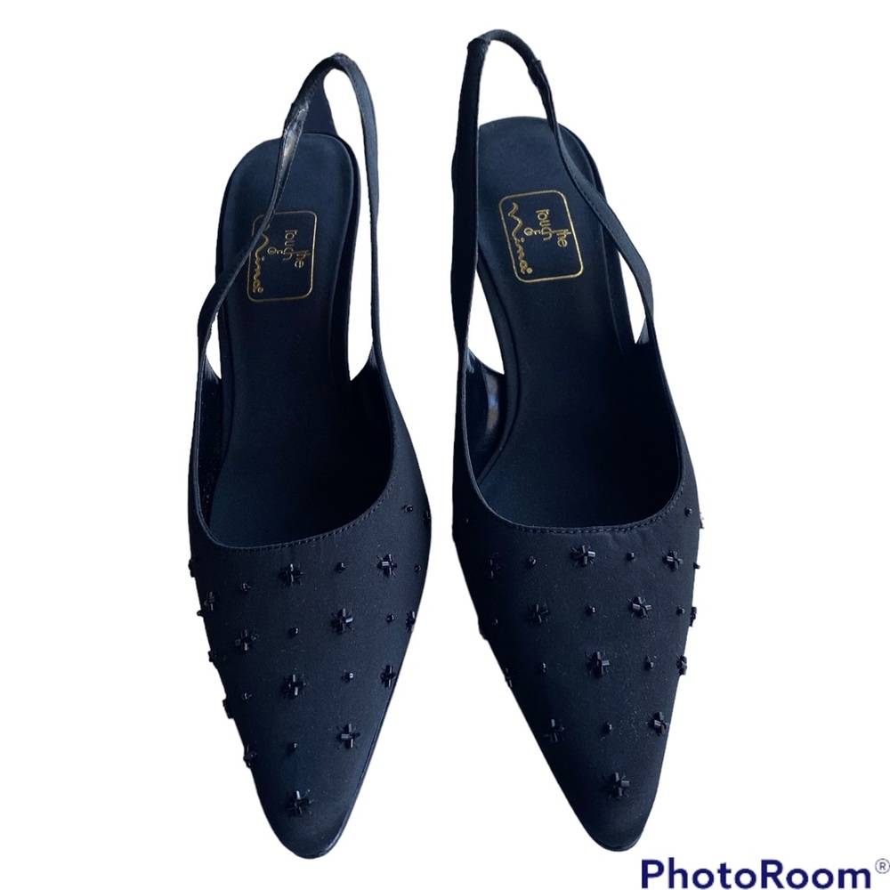The Touch of Nina 6M Beaded Black Sling Back Kitten Heels